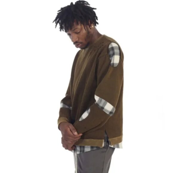 [Size L] EPTM Butcher Crewneck Acid Olive Distressed Plaid Pullover Sweatshirt - Picture 1 of 7